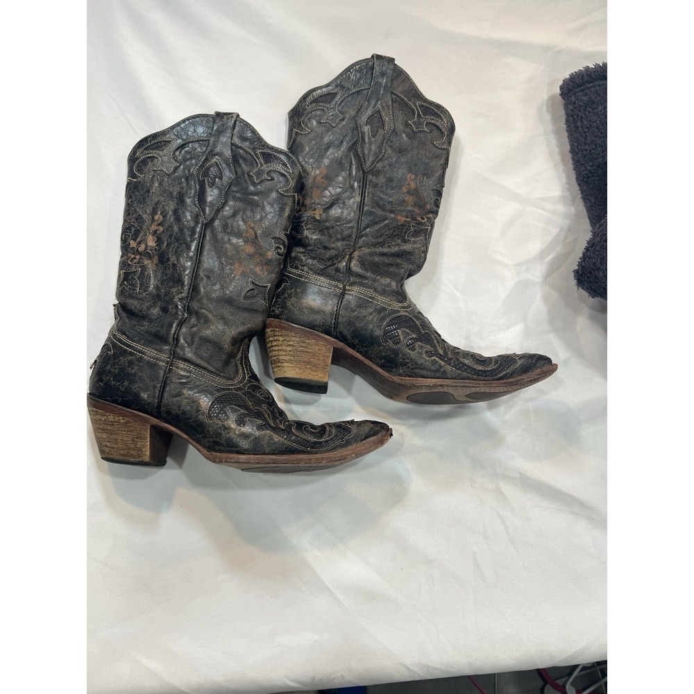 Corral‎ Boots Women 9 W Black Leather Lizard Skin Western Cowgirl Snip Toe